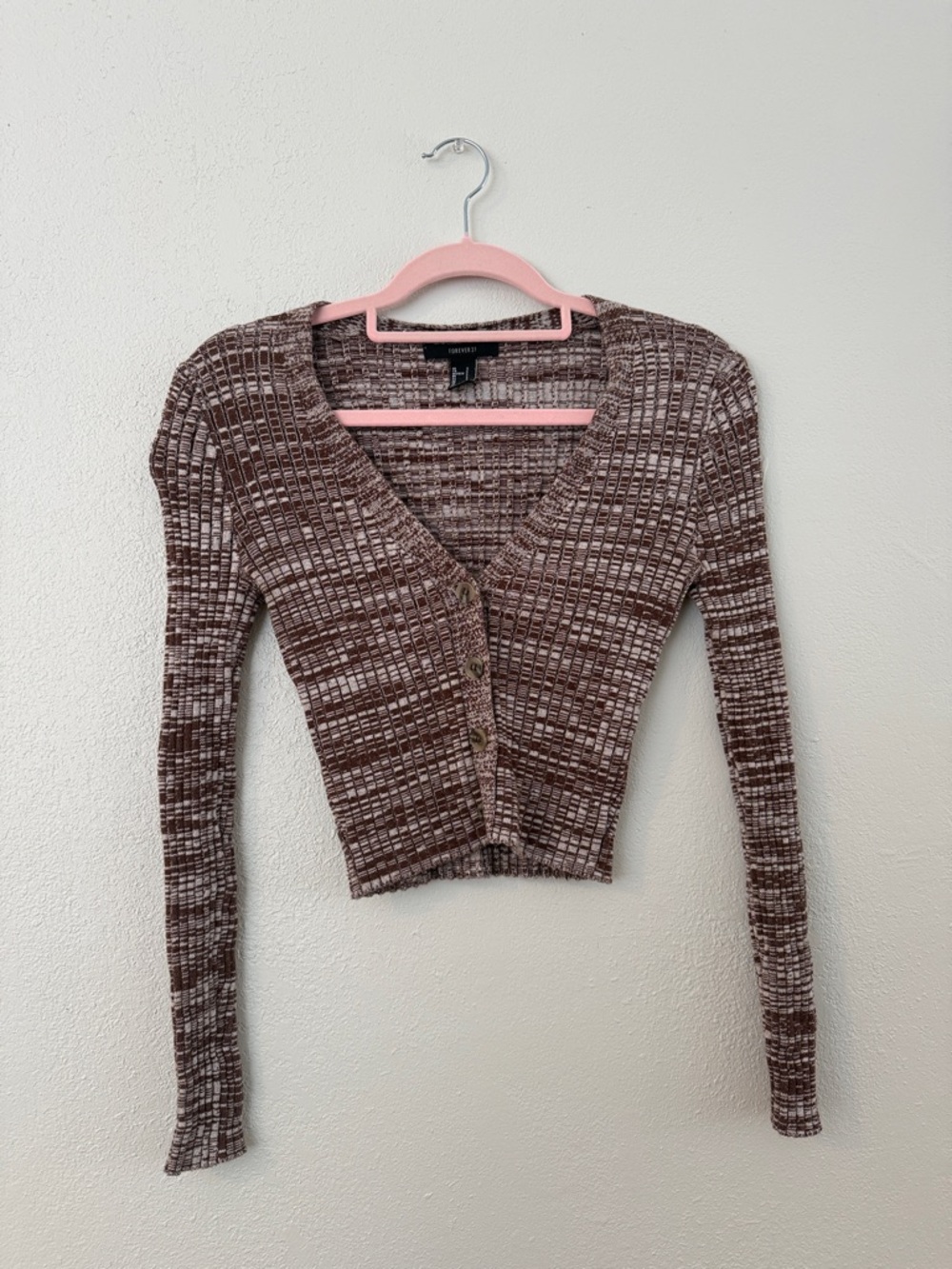 Forever 21 Brown and Cream Cropped Knit Button Cardigan